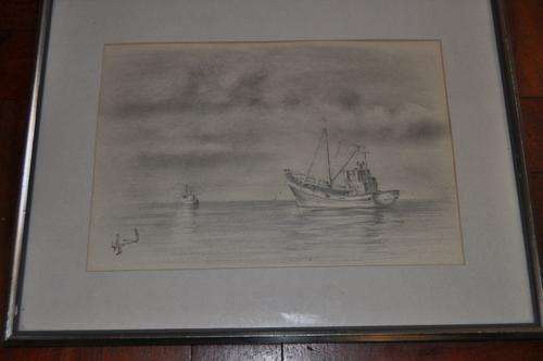 FANTASTIC PENCIL DRAWING-HARBOR  AND SHIP,SIGNED BY ARTIST