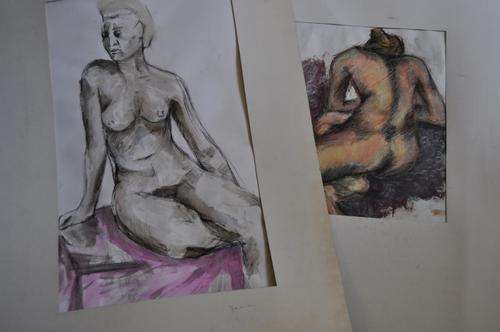 TWO IN ONE LOT!!! TWO NUDE ACRYLIC ON PAPER,SIGNED BY ARTIST