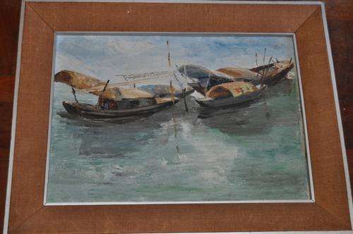 AMAZING VINTAGE ITALIAN OIL ON CANVAS-BOATS,UNKNOWN ARTIST,IN STYLISH FRAME