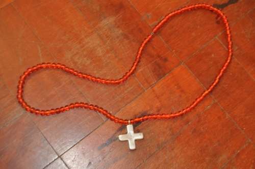 GORGEOUS NECKLACE HANDMADE GLASS BIDS AND HEAVY STERLING SILVER CROSS