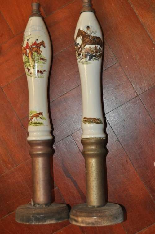 AWESOME PAIR OF VINTAGE AUSTRIAN DRAFT BEER HANDLES BRASS AND PORCELAIN