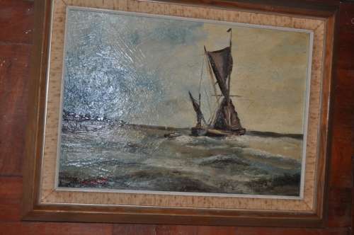 VINTAGE OIL ON BOARD OCEAN AND BOAT SCENE,SIGNED BY ARTIST