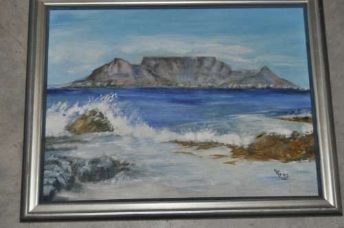 BEAUTIFUL OIL PAINTING,TABLE MOUNTIAN,SIGNED AG