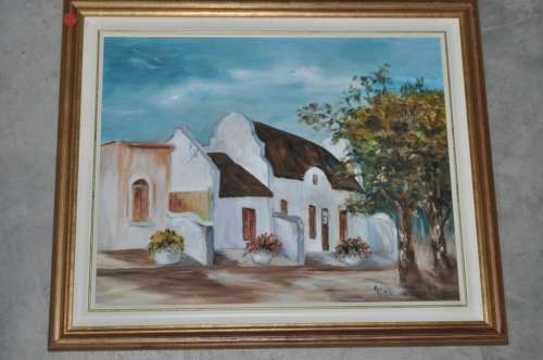 ORIGINAL OIL ON BOARD,COTTAGES,SIGNED AG