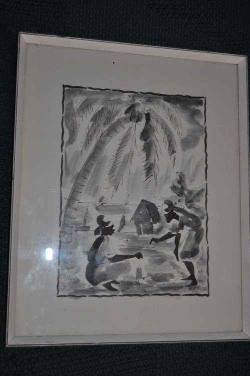 ORIGINAL WATERCOLOR MIXED MEDIA AFRICAN SCENE SIGNED BY ARTIST
