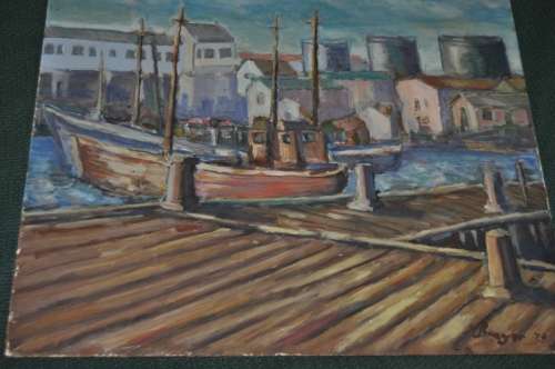 HELEN BREGER(1918-2013) OIL ON BOARD,HARBOUR ,IMPRESSION