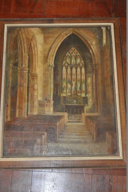 XIX CENTURY PAINTING OIL ON CANVAS CHURCH SCENE