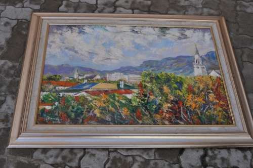 BIG STUNNING OIL ON BOARD ROUSSEAU-TOWN SCENE