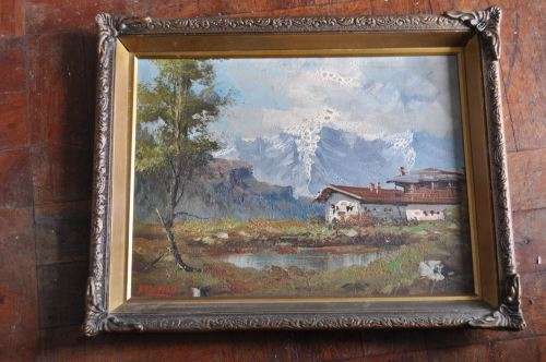 AWESOME VINTAGE OIL ON BOARD,COTTAGE SCENE,SIGNED BY ARTIST