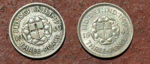 1940 AND 1941 3 PENCE GREAT BRITAIN COINS,SILVER 0.500