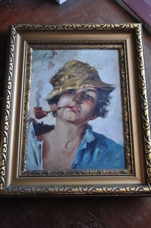 AWESOME ITALIAN OIL ON BOARD-BOY SMOKING PIPE,SIGNED BY ARTIST
