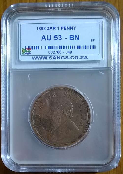 1898 - ZAR 1 PENNY SANGS SLABBED AU 53 BN. HERNS VALUE R1000.00 IN EF