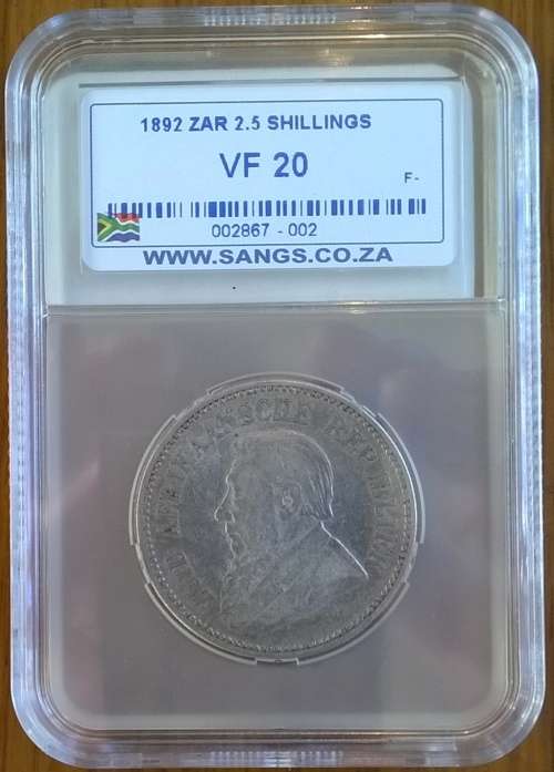 1892 ZAR SILVER TWO AND A HALF SHILLINGS SANGS SLABBED VF 20.