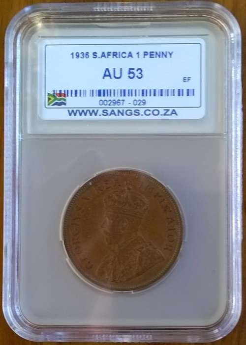 1936 SA PENNY SANGS SLABBED AU53. HERNS VALUE R1000.00
