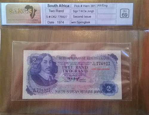 1974 SA TW DE JONGH 2ND Issue R2 Note SANGS Silver grading Gem UNC 69 ALMOST PERFECT!!!!