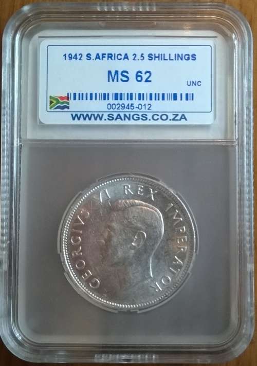 1942 SA SILVER 2 AND A HALF SHILLINGS SANGS SLABBED MS 62!!!. HERNS VALUE IN MS 1750.00