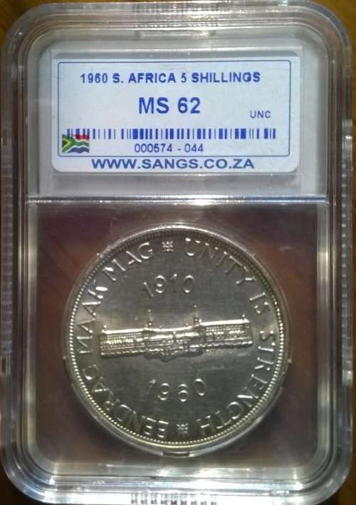 1960 SILVER 5 SHILLINGS SANGS SLABBED MS62