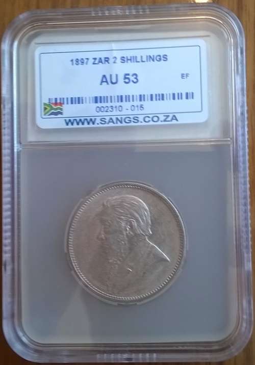 1897 ZAR SILVER 2 SHILLINGS SANGS SLABBED AU53. HERNS VALUE IN EF R1750.00