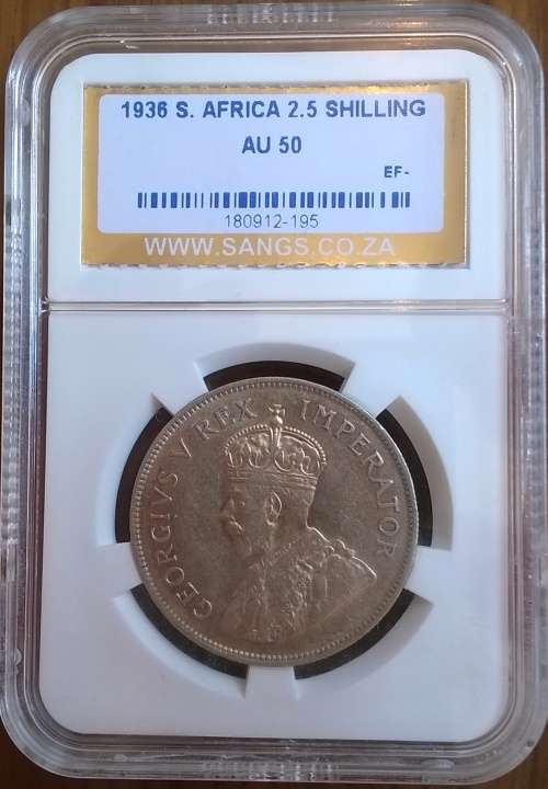 1936 SA SILVER 2 AND A HALF SHILLINGS SANGS SLABBED AU50. HERNS VALUE IN EF R10 000.00