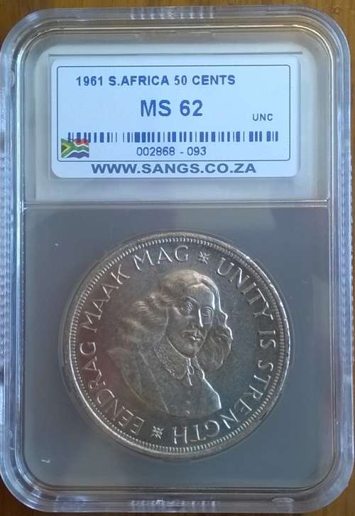 1961 SILVER 50 CENT CROWN SANGS SLABBED MS62