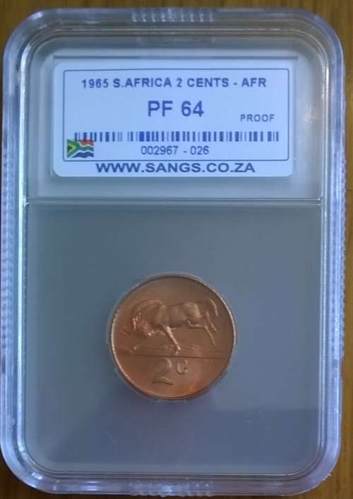 1965 RSA AFRIKAANS 2 CENT SANGS SLABBED PROOF 64  ONLY 24988 MINTED