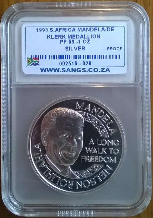 NR MANDELA/FW DE KLERK 1 OZ SILVER MINT OF NORWAY MEDALLION  SANGS GRADED PROOF 69!!!! HIGH GRADE!!!
