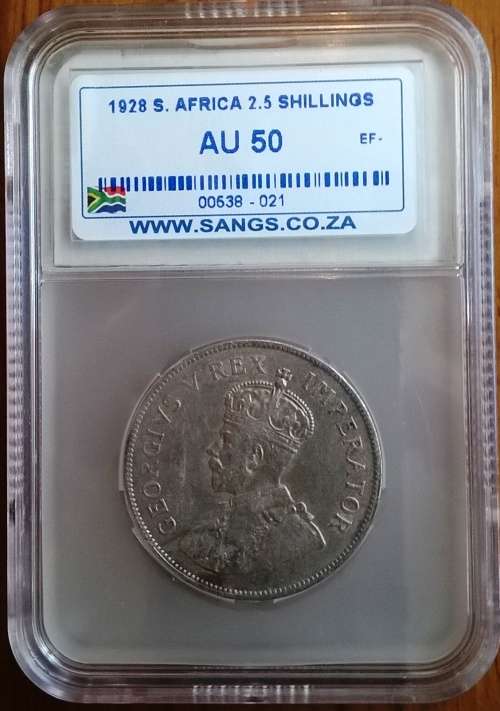 SA 1928 SILVER TWO AND A HALF SHILLINGS SANGS GRADED AU 50  HERNS VALUE IN EF/AU R20 000.00