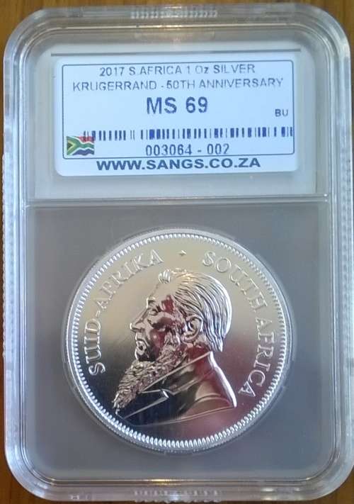 2017 SA 1 OZ SILVER KRUGERRAND WITH 50 YEAR ANNIVERSARY MINTMARK SANGS GRADED MS 69!! ALMOST PERFECT