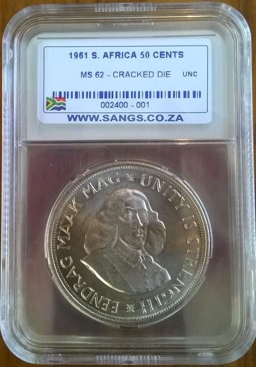 1961 RSA SILVER 50 CENT (CROWN) SANGS GRADED MS 62 CRACKED DIE
