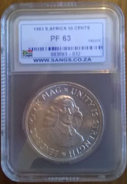 1963 SA SILVER 50 CENT SANGS GRADED PROOF 63