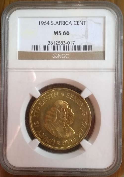 1964 RSA 1 CENT NGC GRADED MS 66!!!!!!!   HIGH GRADE!!!!! SECOND BEST GRADED COIN!!!!!