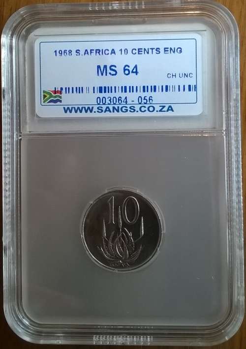 1968 RSA ENGLISH 10 CENT SANGS SLABBED MS 64