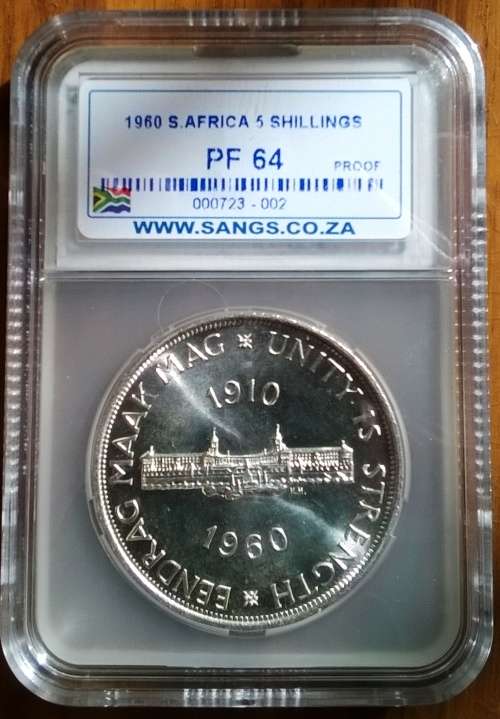 1960 UNION OF SA SILVER 5 SHILLING SANGS GRADED PROOF 64