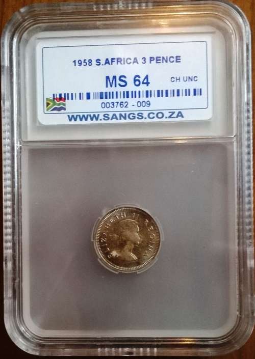 SA 1958 SILVER 3 PENCE SANGS GRADED CHOICE UNCIRCULATED MS64!!