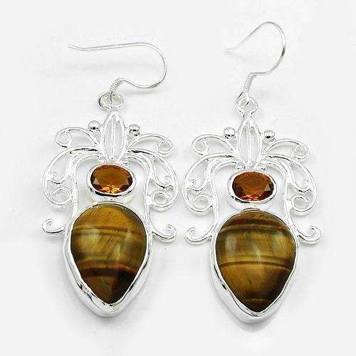 BEAUTIFUL FASHION TIGERS EYE AND CITRINE GEMSTONE EARRINGS - 925 SILVER