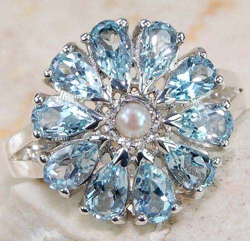 Natural Aquamarine, Seed Pearl & 925 SOLID STERLING SILVER flower ring , size 6.75.