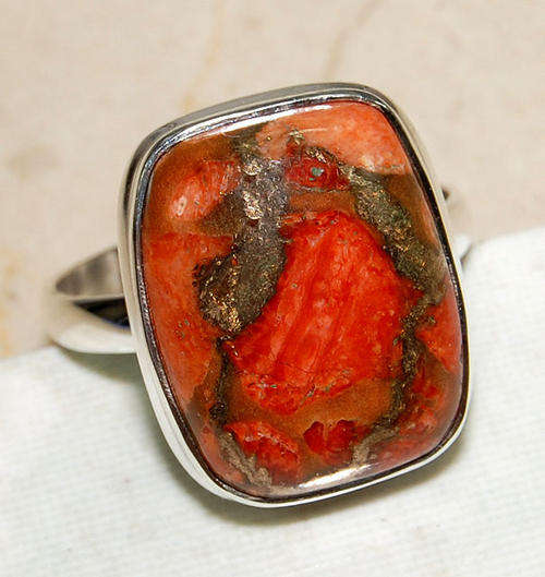 Copper Coral Turquoise & 925 SOLID STERLING SILVER ring , size 8.5
