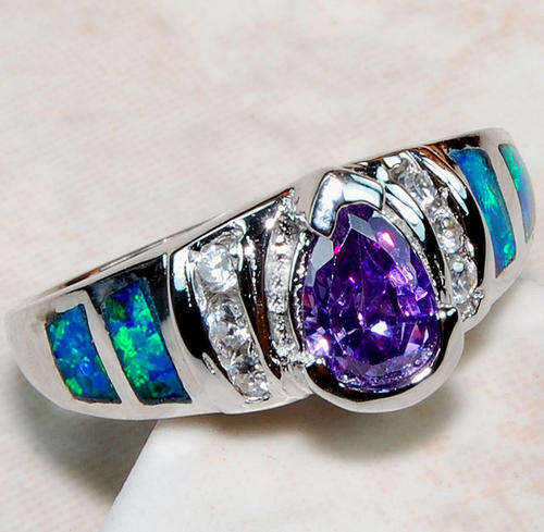 Amethyst, Australian Opal, White Topaz & 925 SOLID STERLING SILVER Ring Size 8