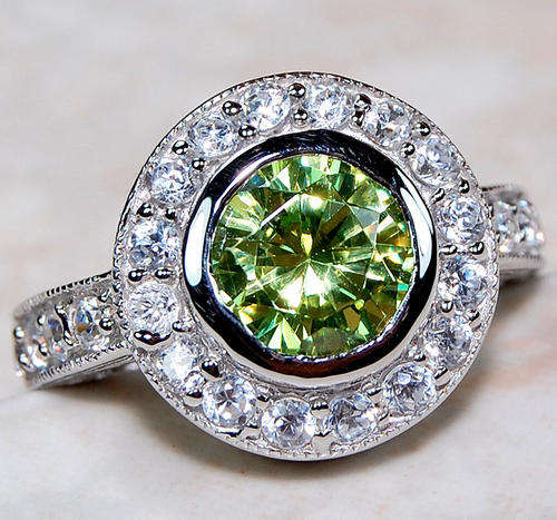 Green Topaz, White Topaz & 925 Solid Sterling Silver Ring Size 7