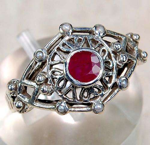 NATURAL RUBY SEED PEARL & 925 SOLID STERLING SILVER Ring, size 6.5.