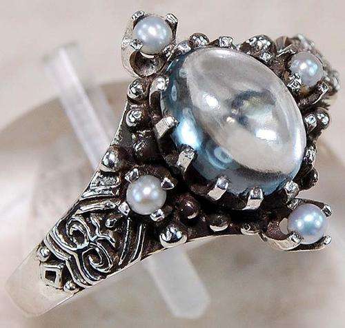 AQUAMARINE, SEED PEARL & 925 SOLID STERLING SILVER Ring, size 6.5.