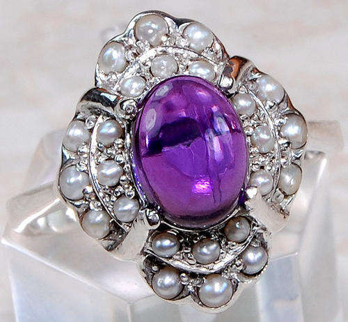 NATURAL AMETHYST SEED PEARL & 925 SOLID STERLING SILVER ring, size 6.5