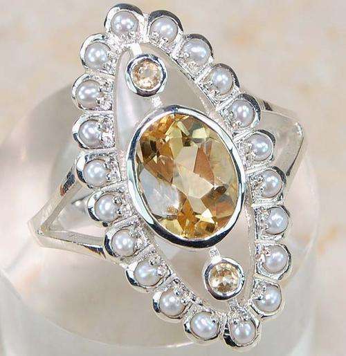 2CT NATURAL CITRINE SEED PEARL & 925 SOLID STERLING SILVER ring, size 6