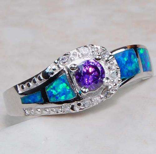 Amethyst, Australian Opal, White Topaz& 925 Solid Sterling Silver Ring Size 7