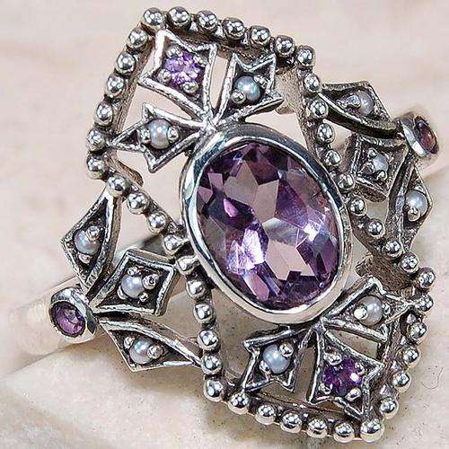 2ct Natural Amethyst, Seed Pearl & 925 SOLID STERLING SILVER ring, size 5.75.
