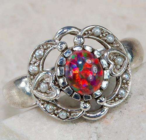 RED FIRE OPAL SEED PEARL & 925 SOLID STERLING SILVER ring, size 6.5
