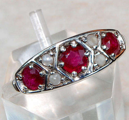 NATURAL RUBY SEED PEARL & 925 SOLID STERLING SILVER Ring, size 6.5.