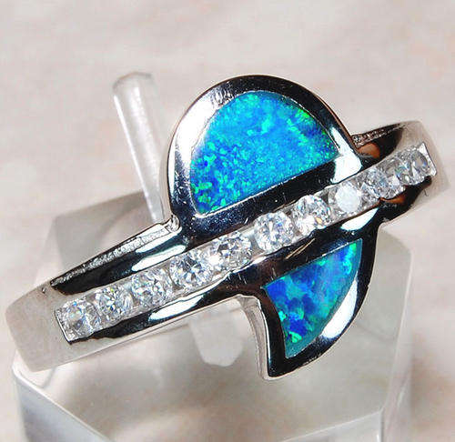 Australian Opal, White Topaz & 925 Solid Sterling Silver Ring Size 7