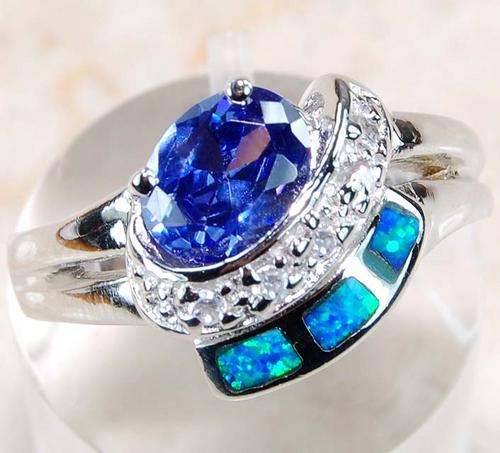 Tanzanite, Australian Opal, White Topaz & 925 Solid Sterling Silver Ring Size 8,