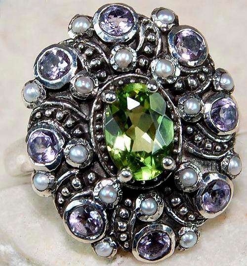 2ct NATURAL AMETHYST PERIDOT SEED PEARL & 925 SOLID STERLING SILVER ring, size 6.5.